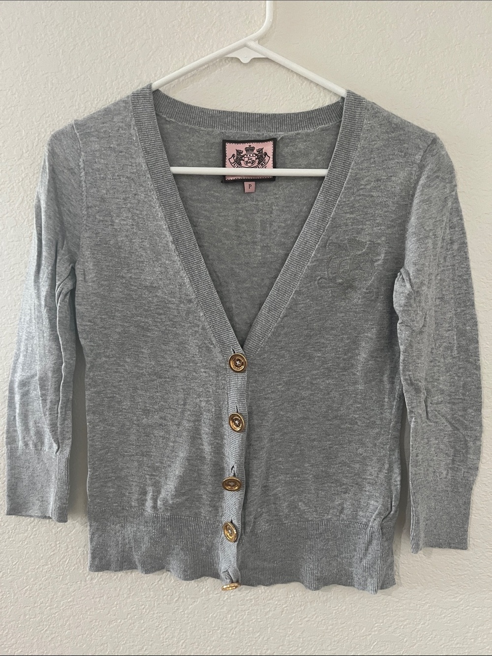 Juicy Couture Gray V-Neck Button Cardigan with Gold Buttons